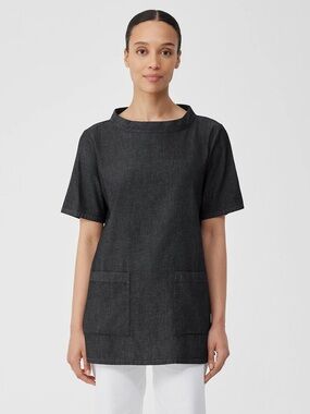 Eileen Fisher Airy Organic Cotton Twill Mock Neck Long Top size L